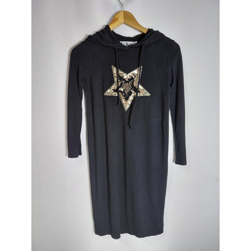 INDIGO Star Sequin Hoodie Dress Black Solid Long Sleeve Knee Length Size 12